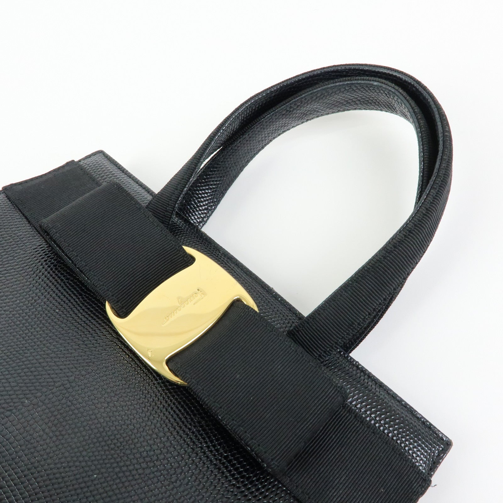 Ferragamo Vara Ribbon Embossed Leather Canvas 2Way Hand Bag Black