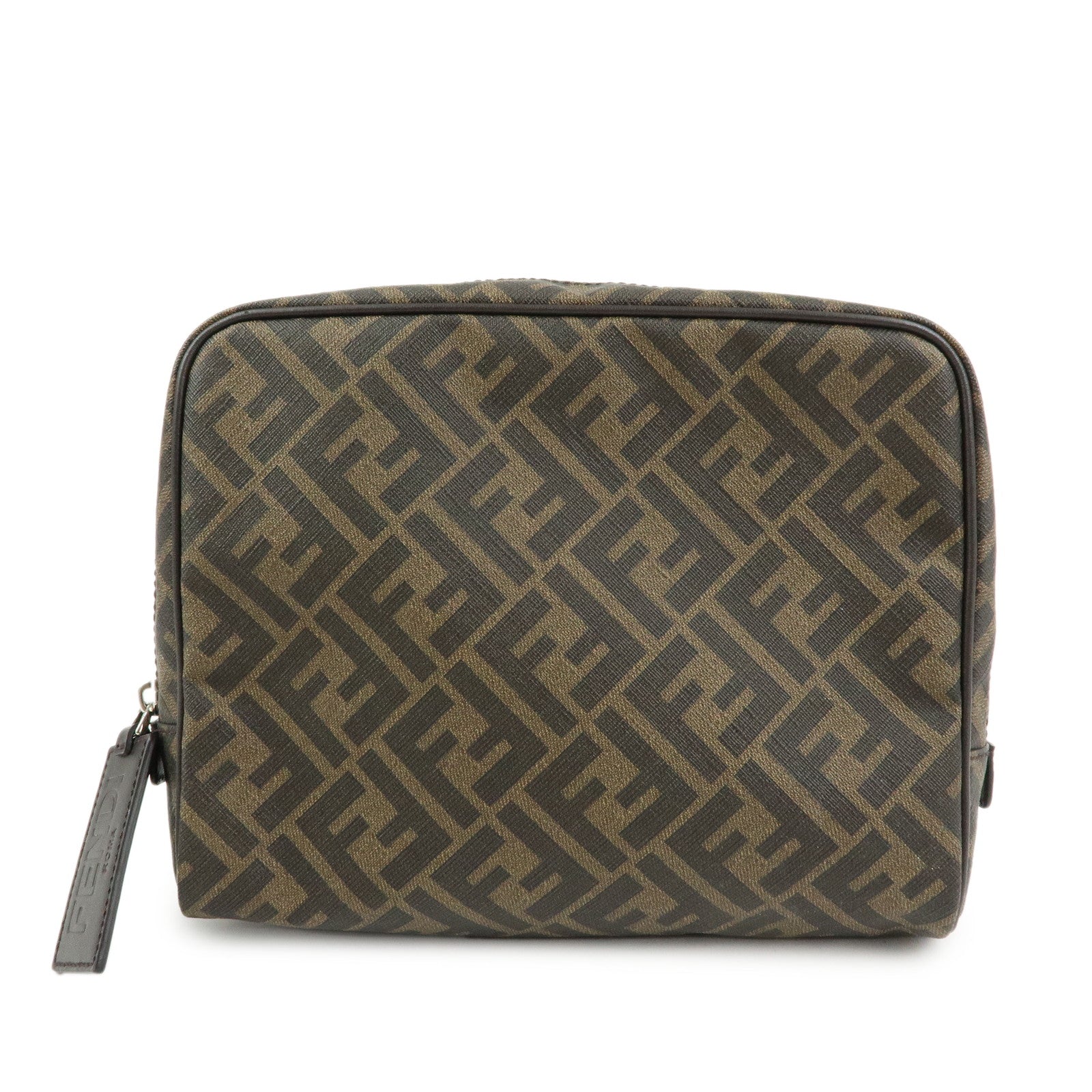 FENDI ZUCCA PVC Leather Clutch Bag Pouch Brown Black 7N0116