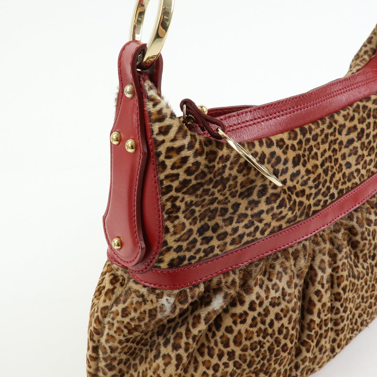 FENDI Pony Hair Leather Leopard Shoulder Bag Hand Bag Brown Red 8BR448