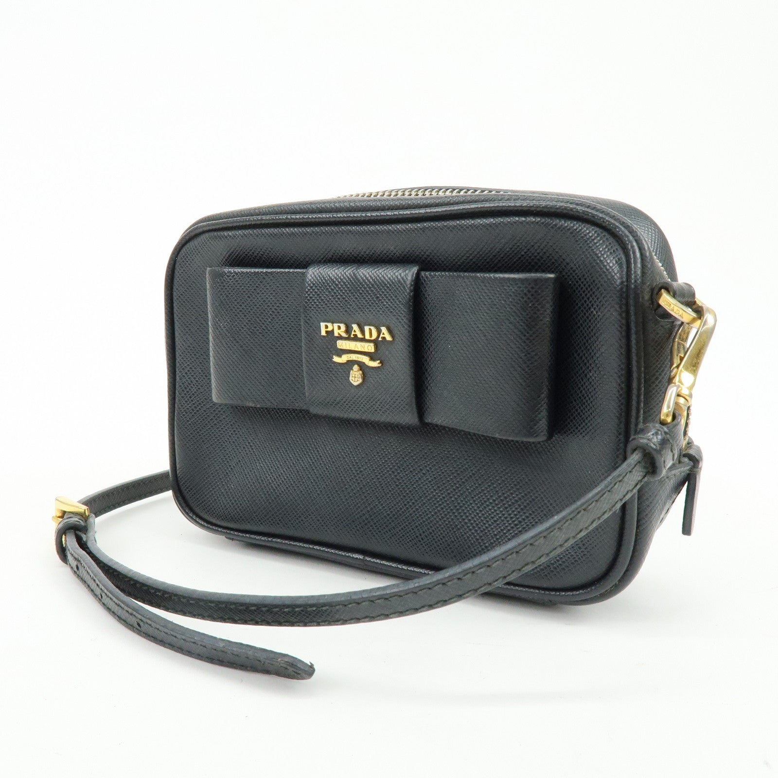 PRADA Saffiano Leather Shoulder Crossbody Bag Ribbon Motif Black 1NF674