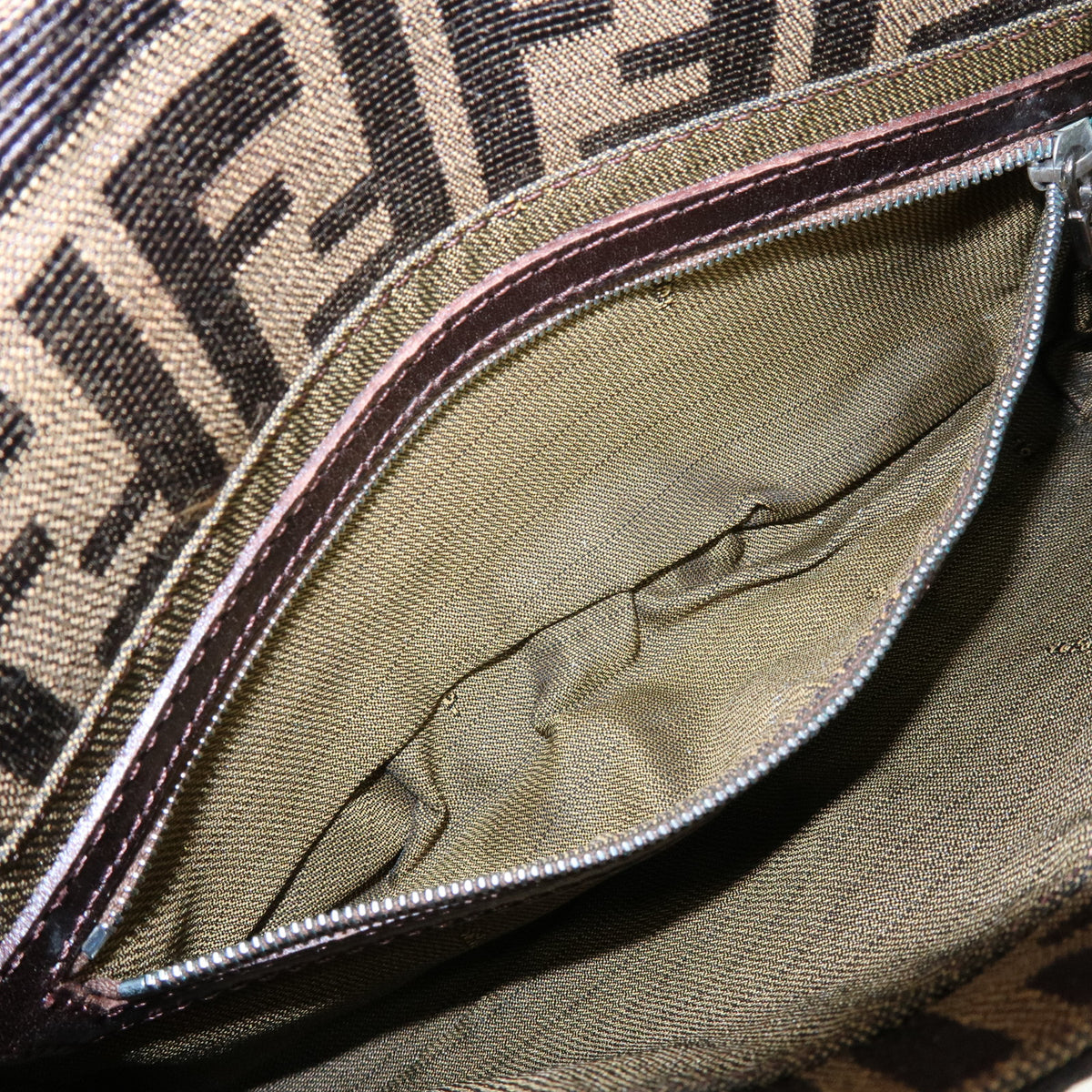 FENDI Mamma Baguette Jacquard Canvas Leather Shoulder Bag Brown 26424