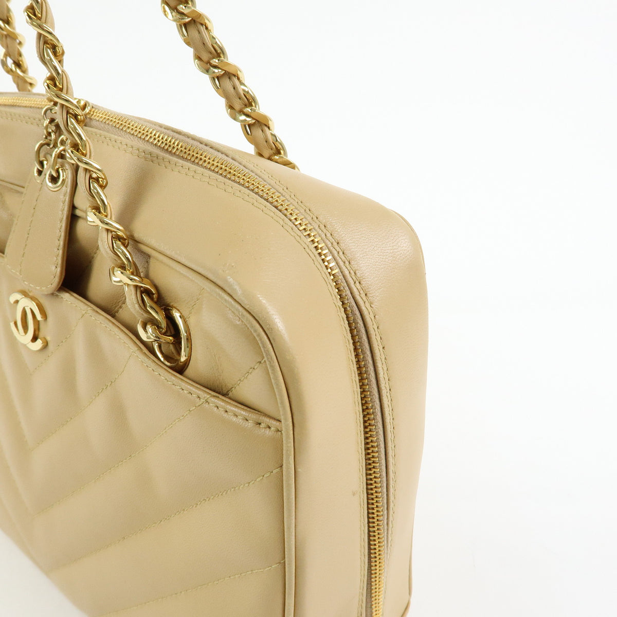 CHANEL Chevron COCO Mark Lamb Skin Chain Shoulder Bag Beige