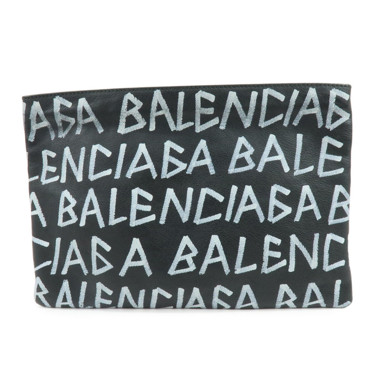 BALENCIAGA Graffiti Leather Clutch Bag Flat Pouch Black White