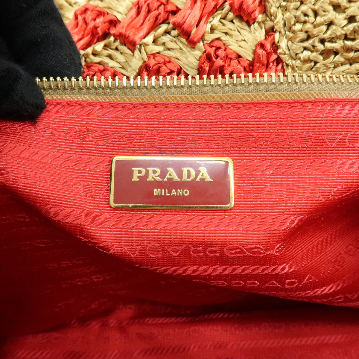 PRADA Canapa Triangle Logo Raffia Tote Bag Hand Bag Natural Red BN2303