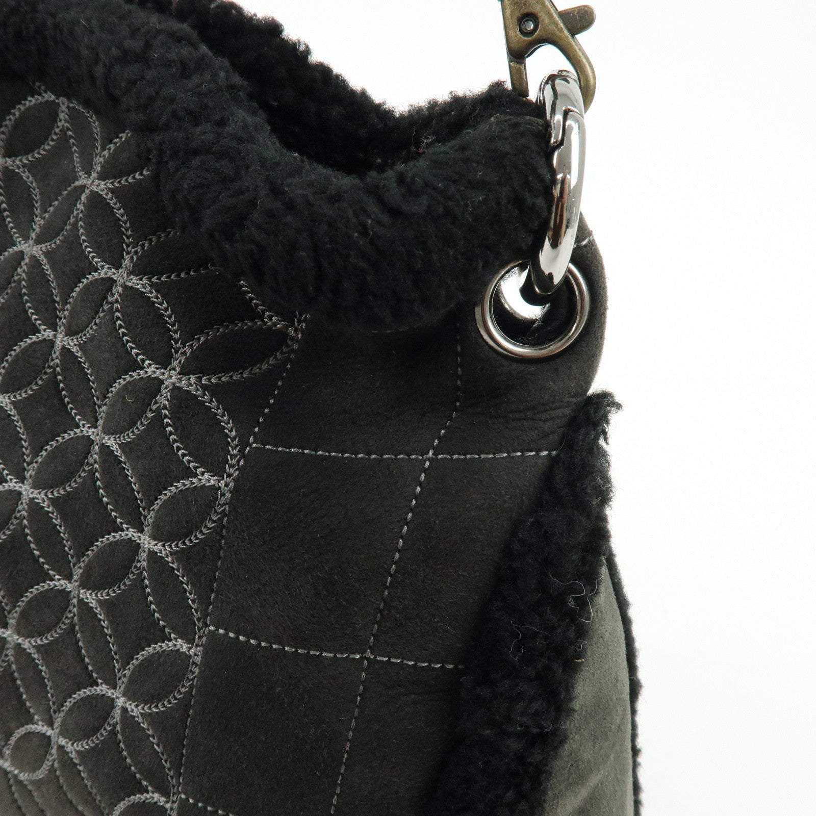 CHANEL Mouton Fur Leather Shoulder Bag with Strap Set Black