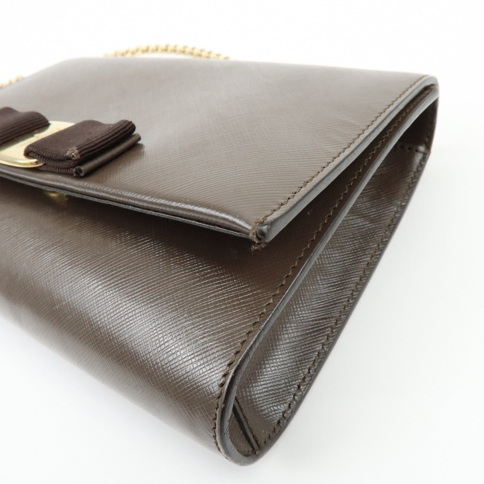 Ferragamo Vara Ribbon Embossed Leather Chain Shoulder Bag Brown