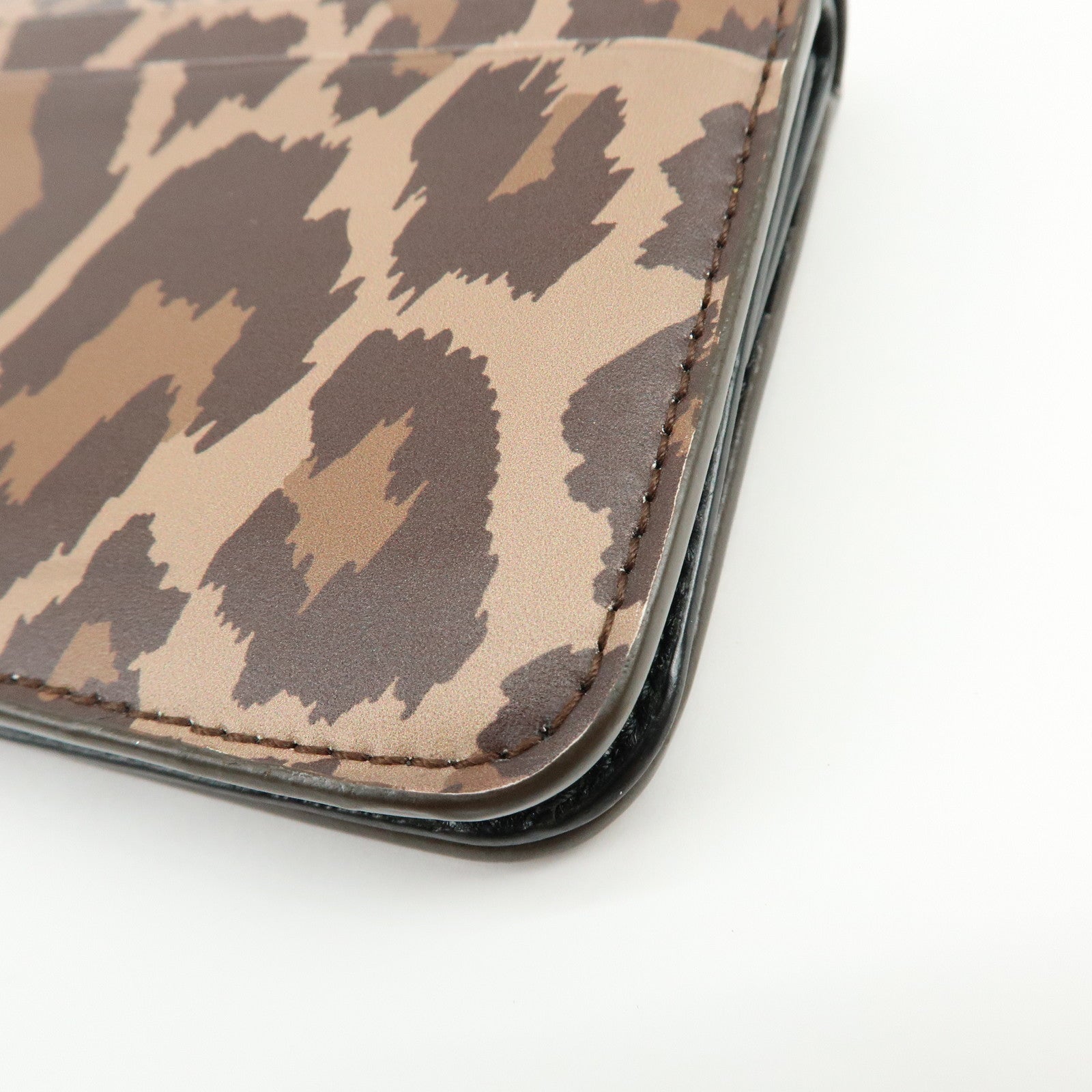 Balenciaga Leather Bi-Fold Compact Wallet Leopard Motif Brown