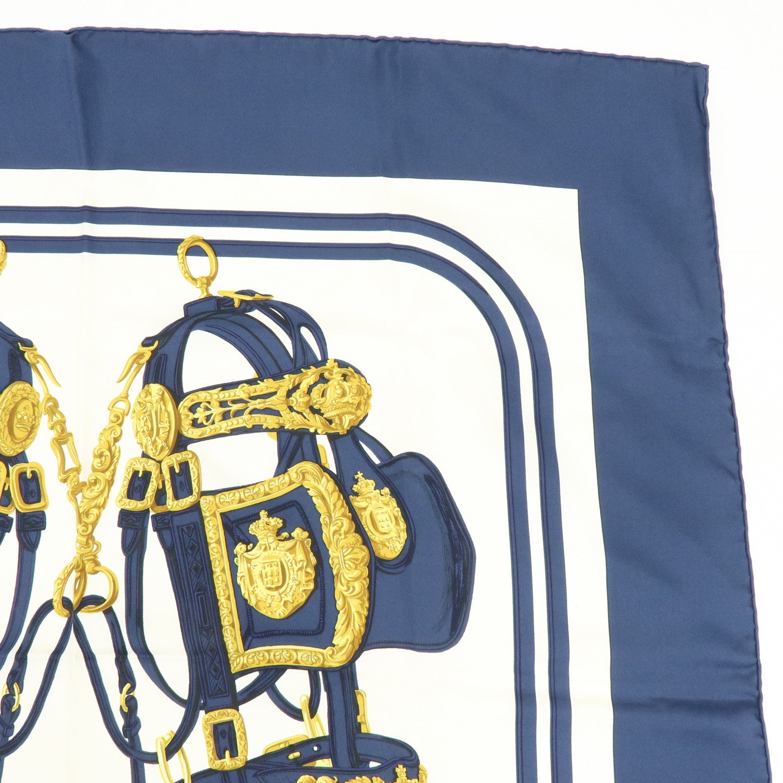 HERMES Carre 90 Silk 100% Scarf BRIDES DE GALA Navy White Gold