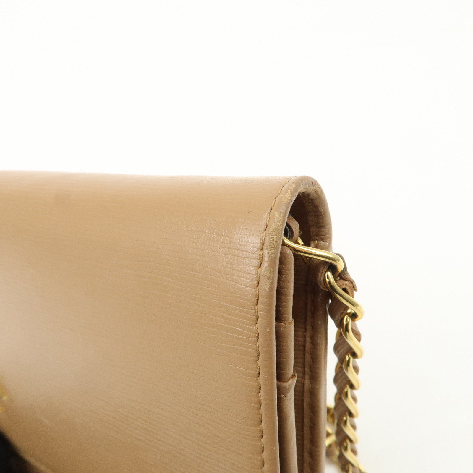 PRADA Logo Leather Chain Wallet WOC Beige Gold Hardware 1MT290 Used