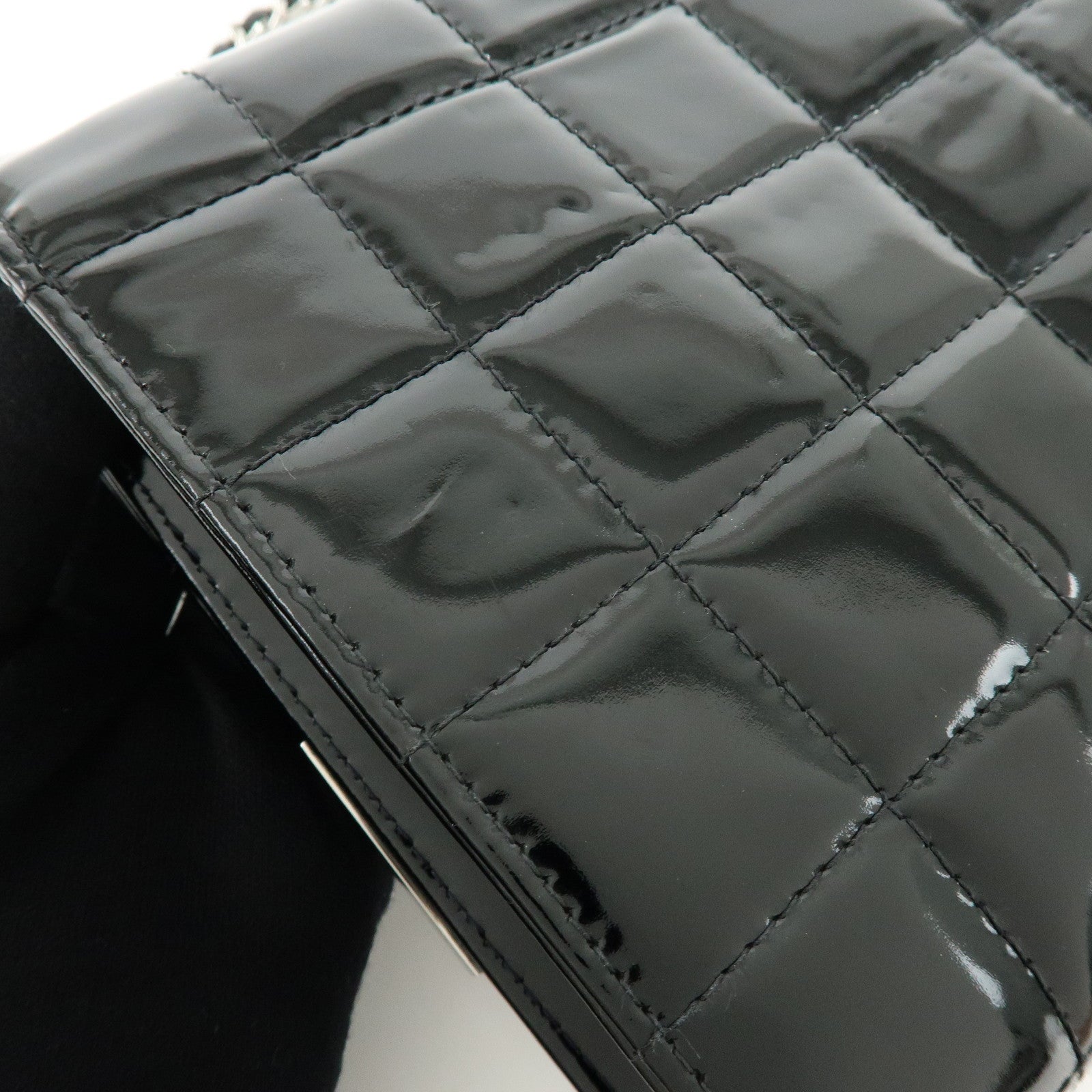 CHANEL Chocolate Bar COCO Mark Patent Leather Shoulder Bag Black Silver