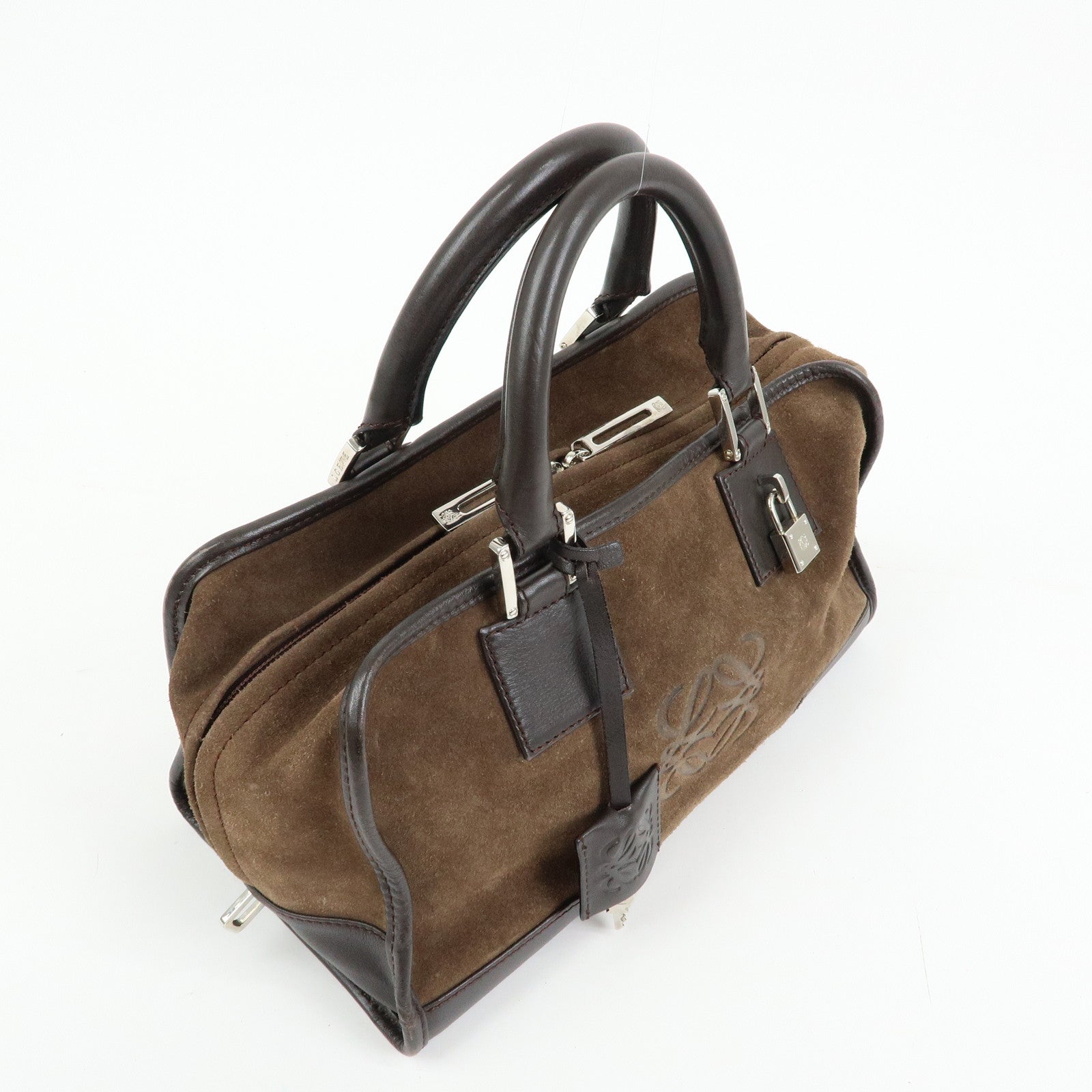 LOEWE Anagram Amazona 28 Suede Leather Hand Bag Boston Bag Brown