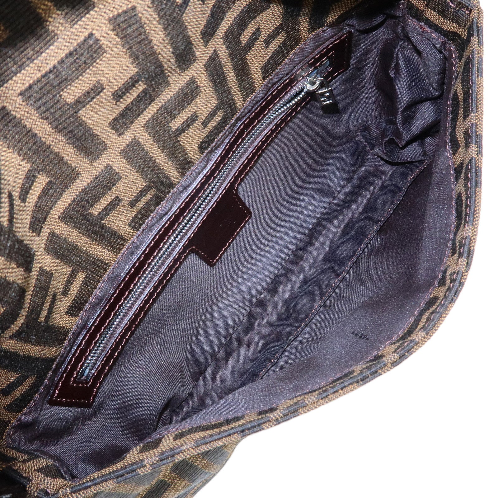 FENDI Mamma Baguette Zucca Canvas Leather Shoulder Bag Brown 26424
