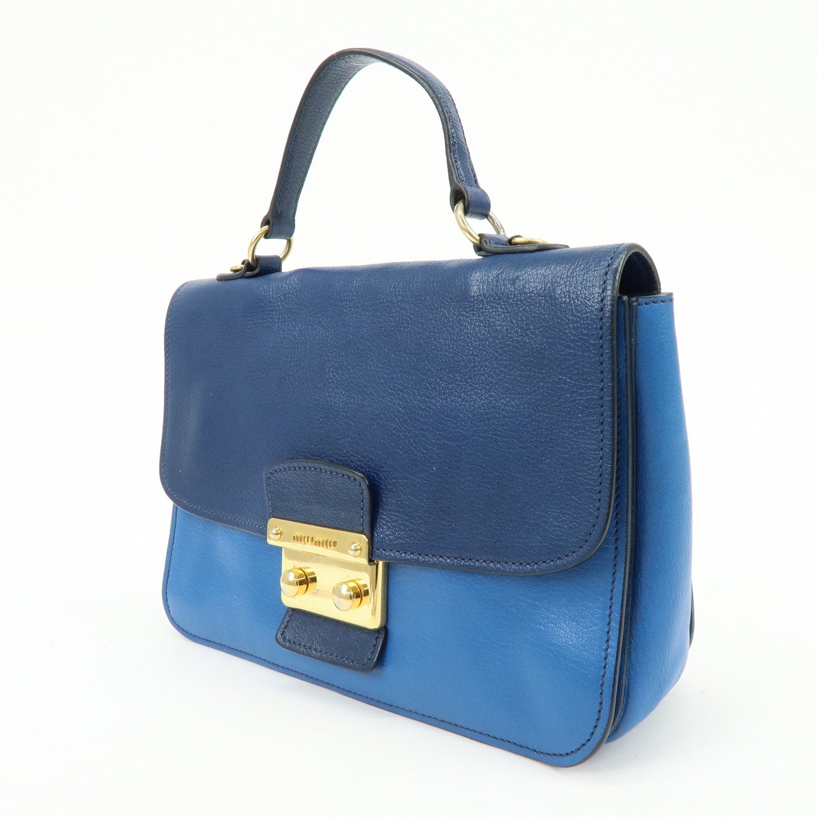 MIU MIU Logo Madras Leather Flap 2Way Bag Hand Bag Blue Navy