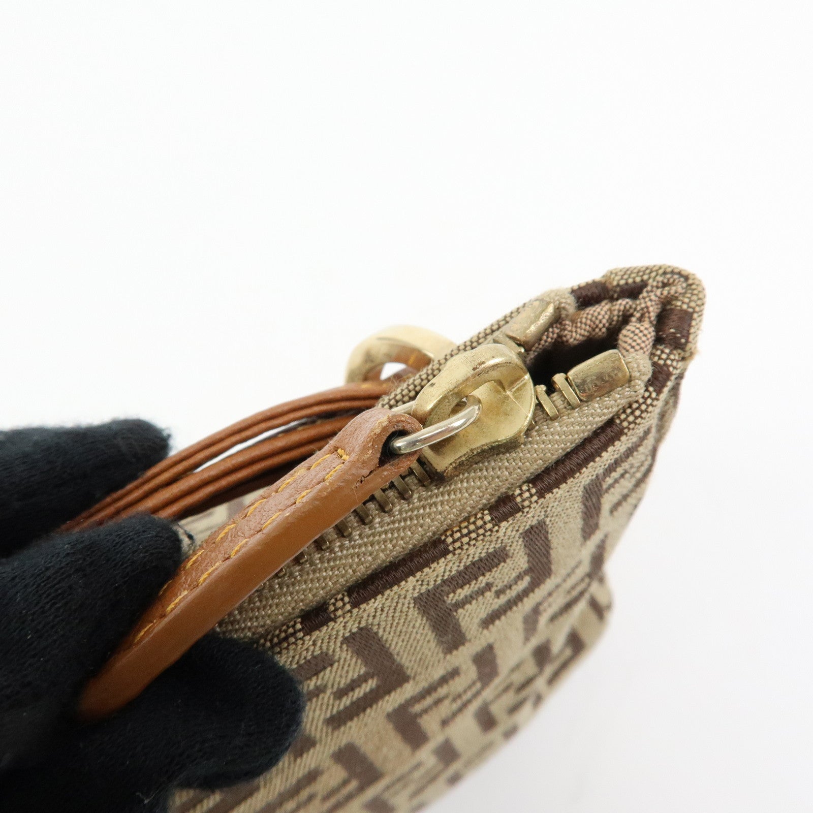 FENDI Zucchino Canvas Leather Hand Bag Accessory Pouch Beige 8BR513