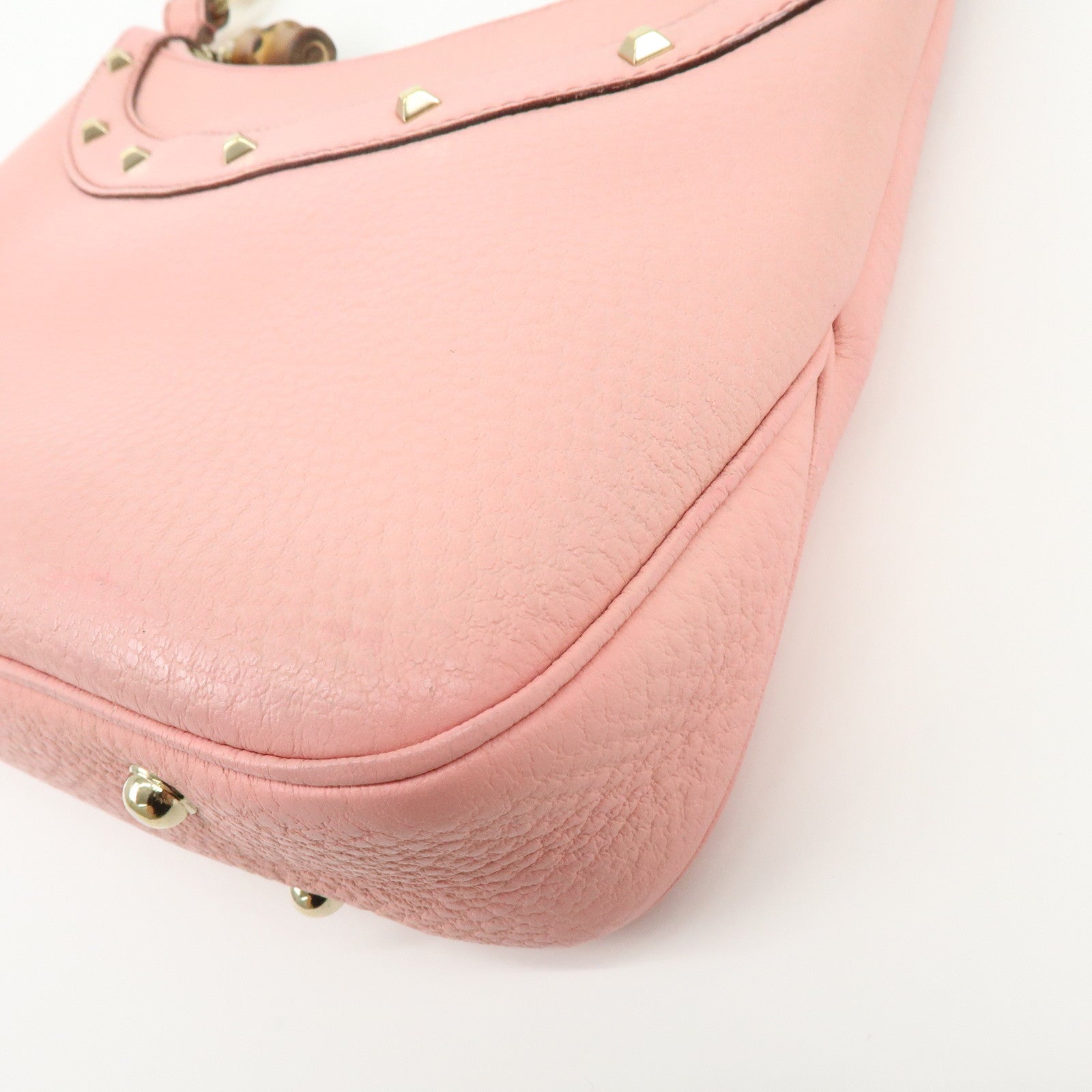 GUCCI Bamboo Leather Hand Bag Shoulder Bag Studs Pink 137378