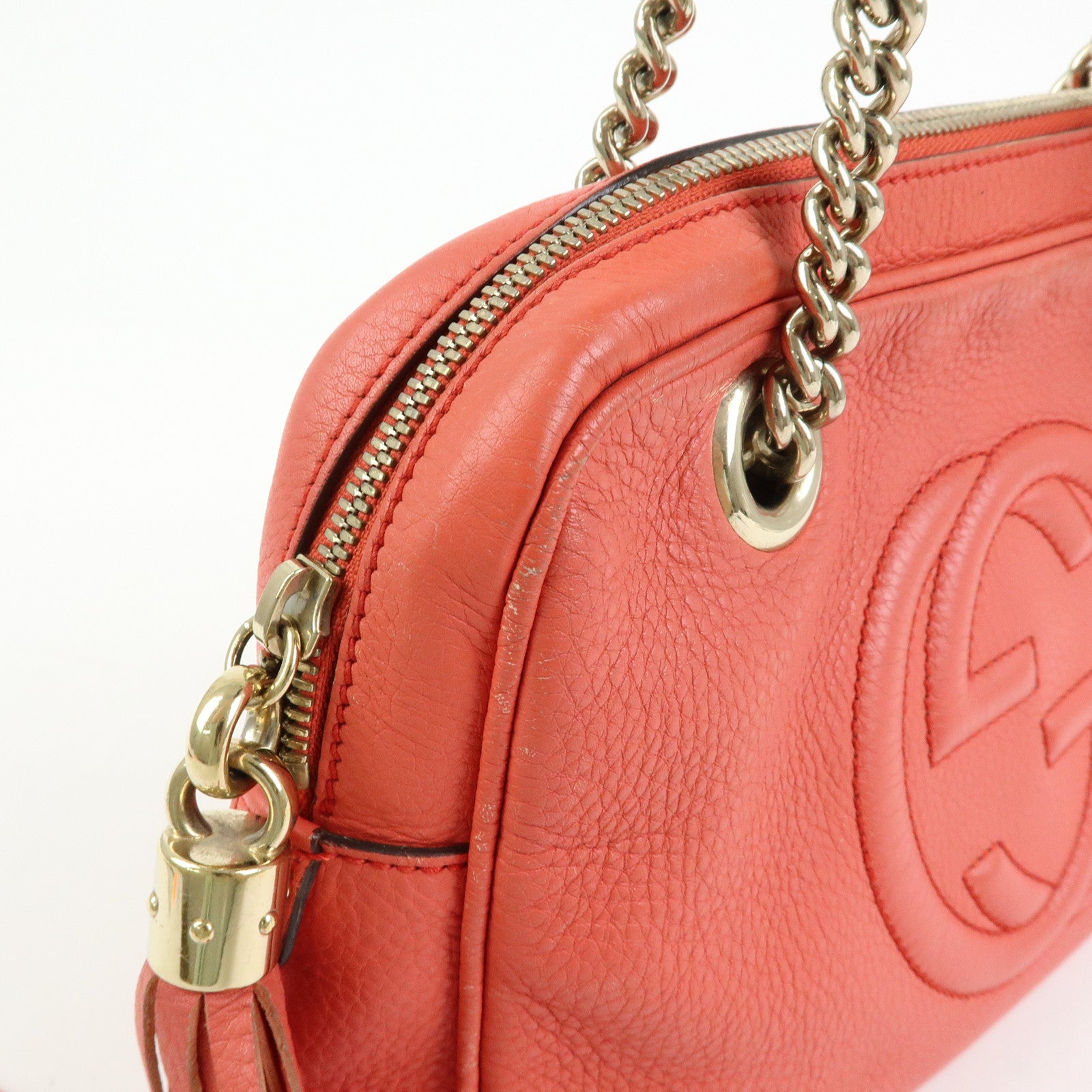 GUCCI SOHO Interlocking G Leather Chain Shoulder Bag Coral 308983