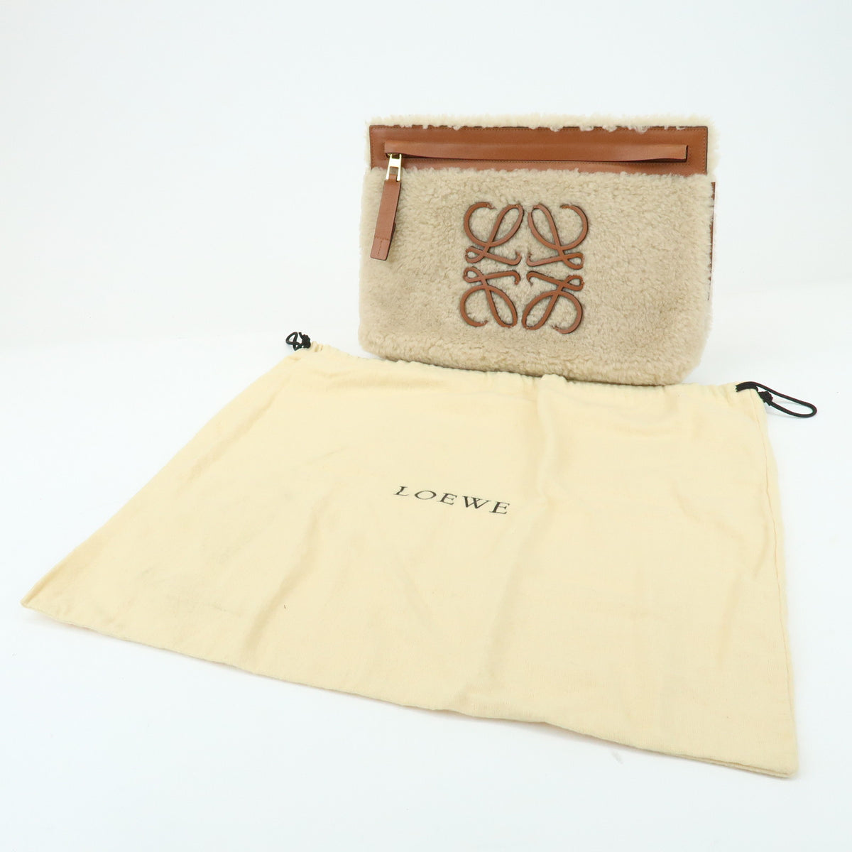 LOEWE Anagram Shearling Leather Clutch Bag Pouch Beige Brown