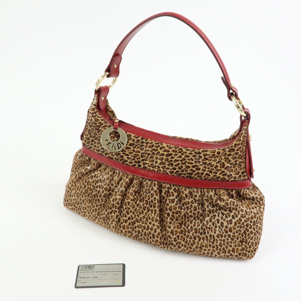 FENDI Pony Hair Leather Leopard Shoulder Bag Hand Bag Brown Red 8BR448