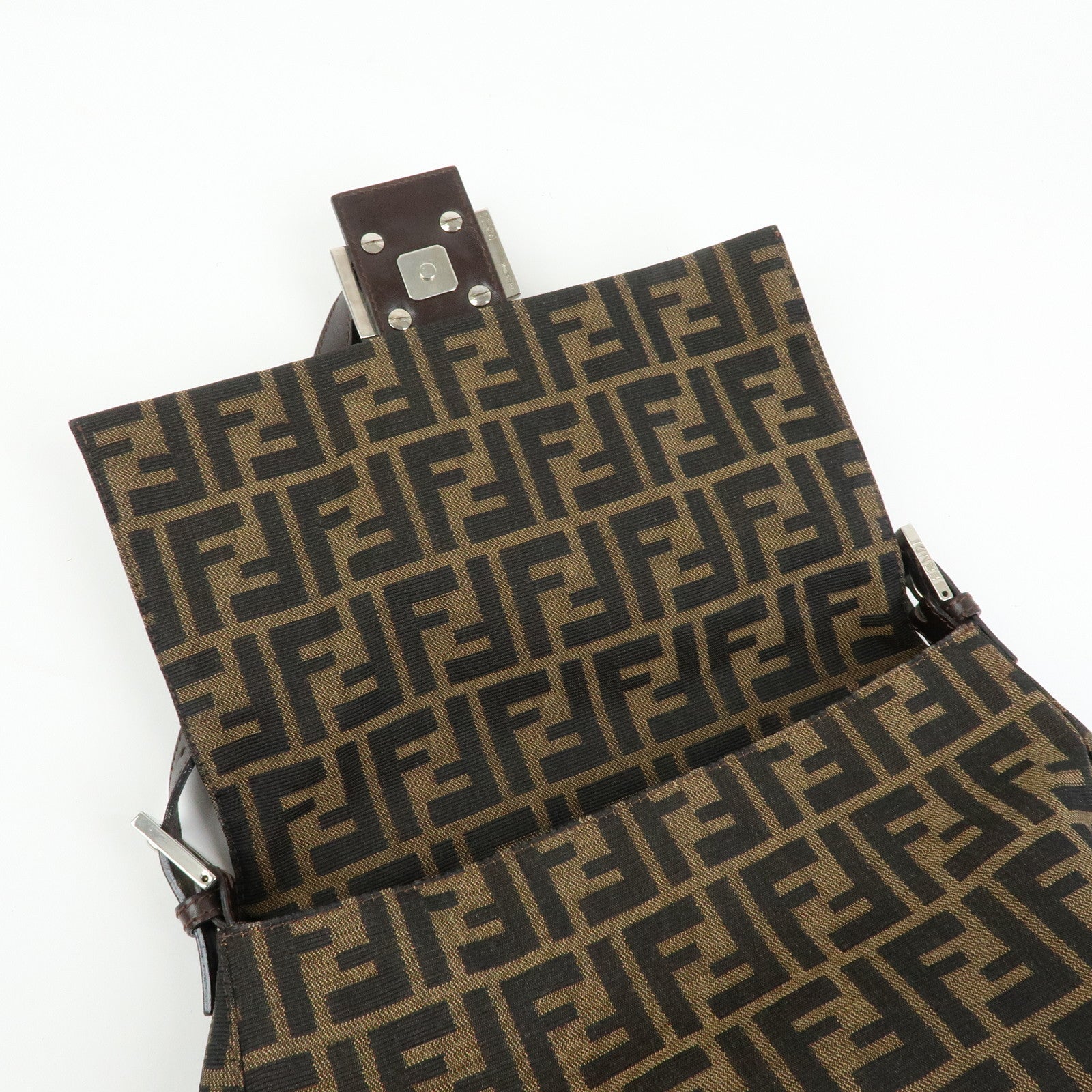 FENDI Mamma Baguette Zucca Canvas Leather Shoulder Bag Brown 26325