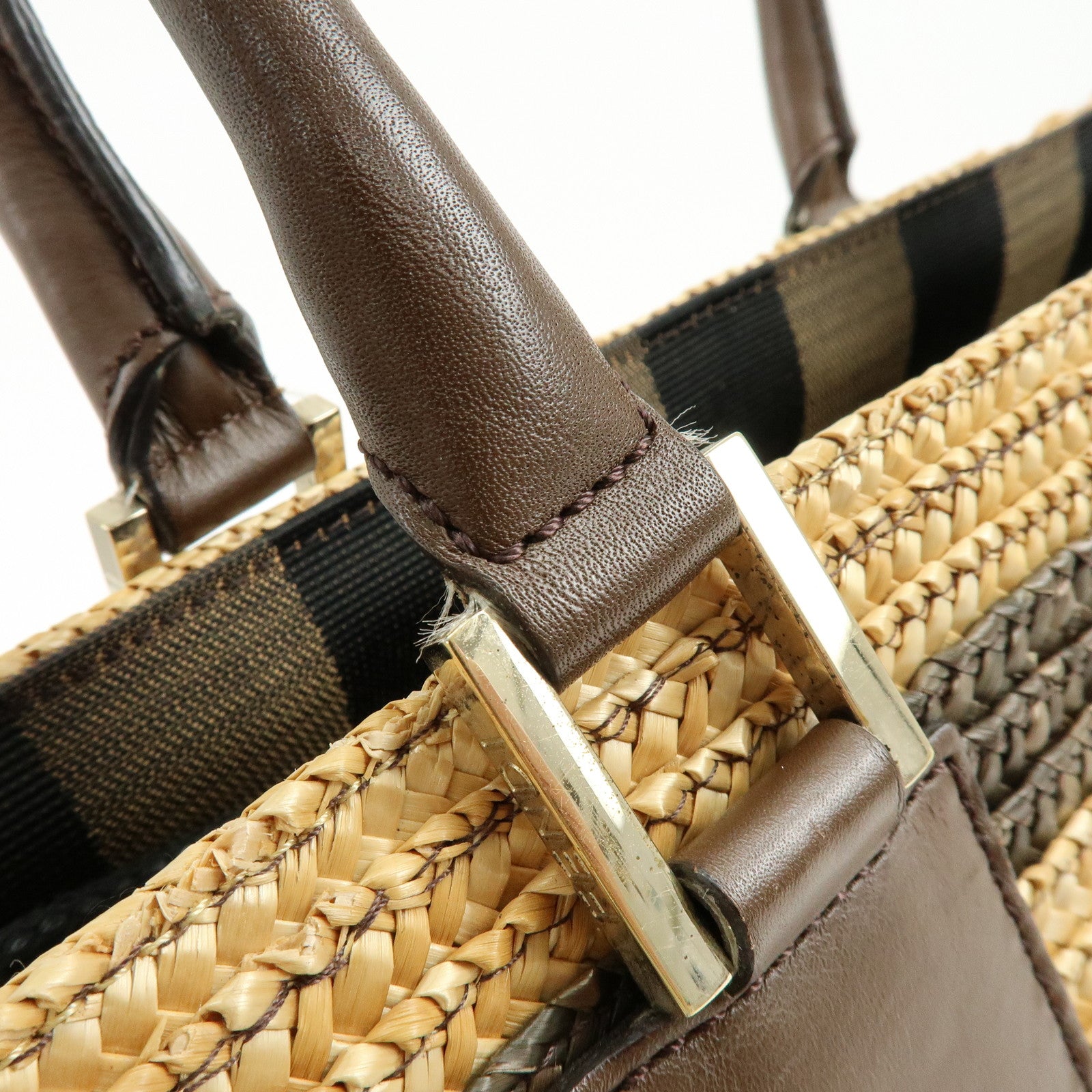 FENDI Pequin Raffia Leather Tote Bag Shoulder Bag Brown Natural