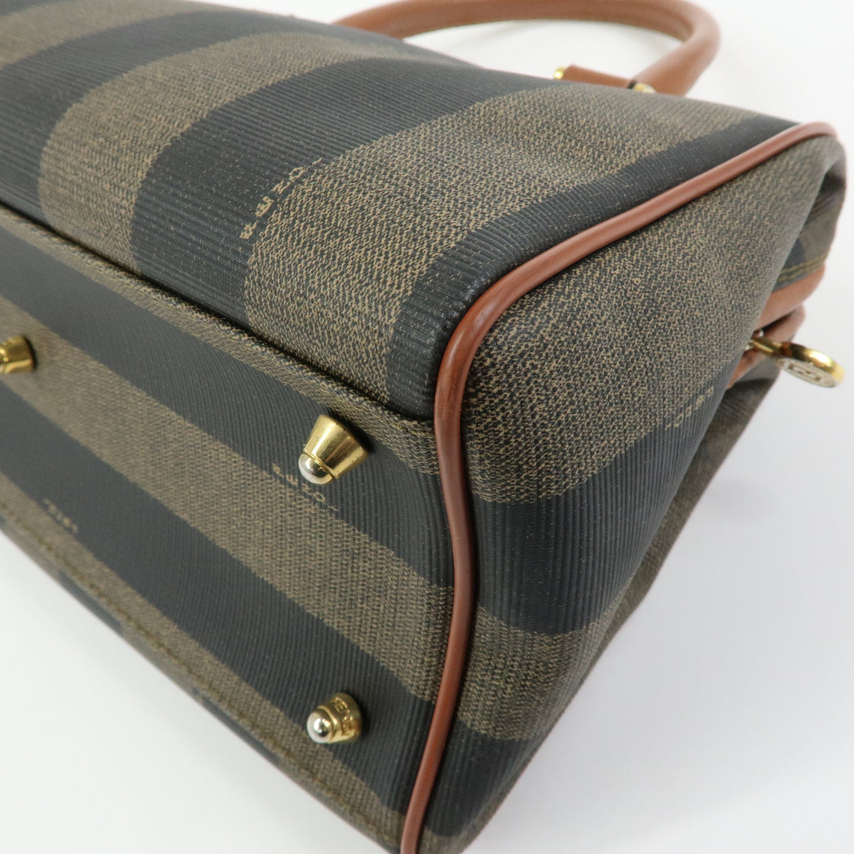 FENDI Pequin PVC Leather Boston Bag Hand Bag Brown Beige Black