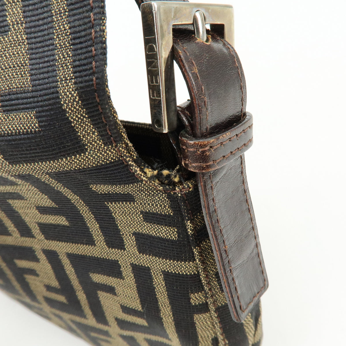 FENDI Mamma Baguette Jacquard Canvas Leather Shoulder Bag Brown 26424