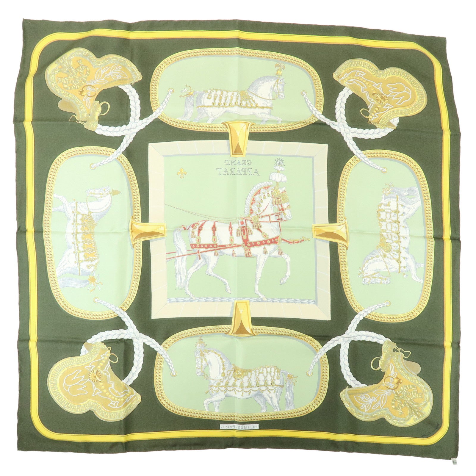 HERMES Carre 90 Silk 100% Scarf GRAND APPARAT Khaki Gold Green