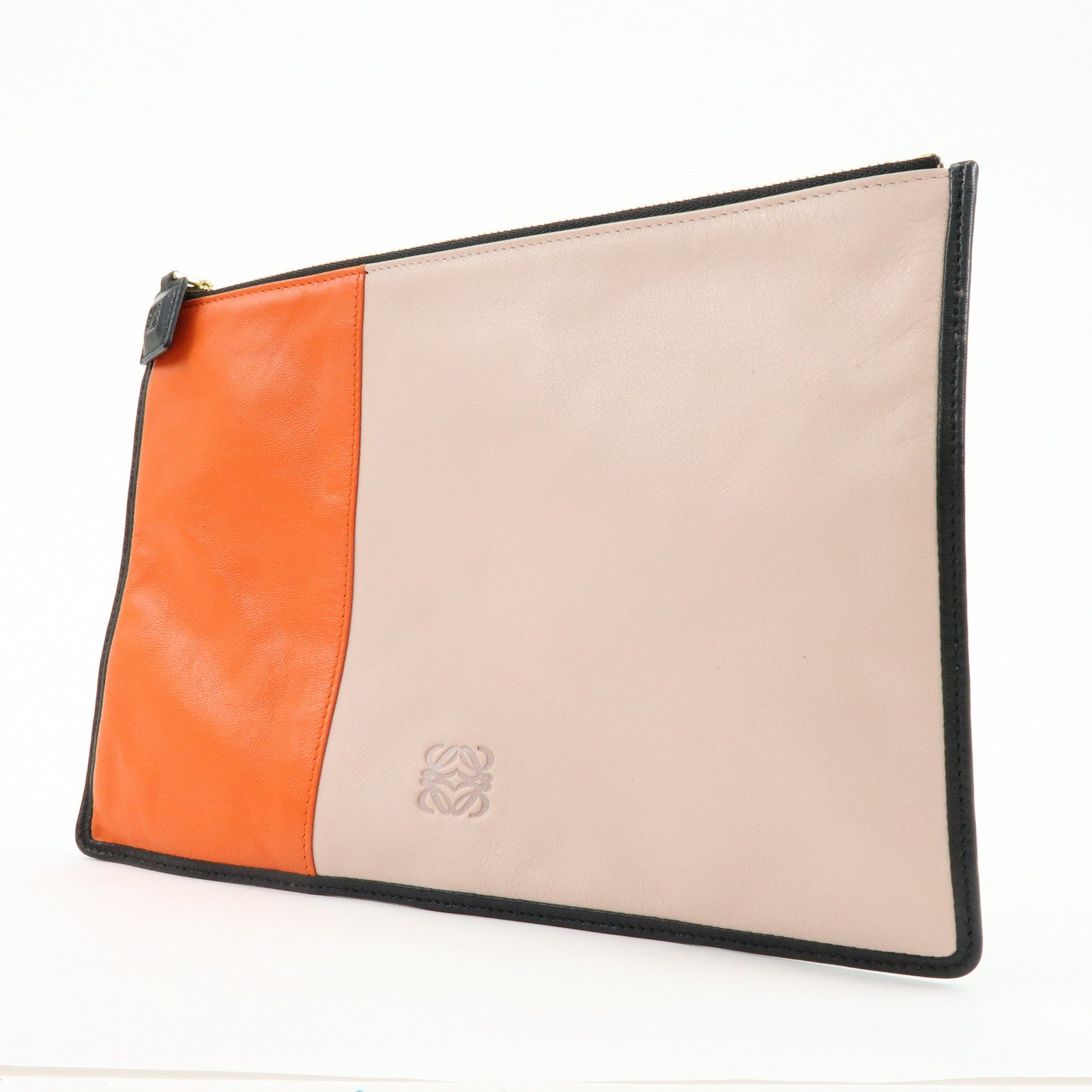 LOEWE Anagram Nappa Leather Clutch Bag Flat Pouch Pink Orange