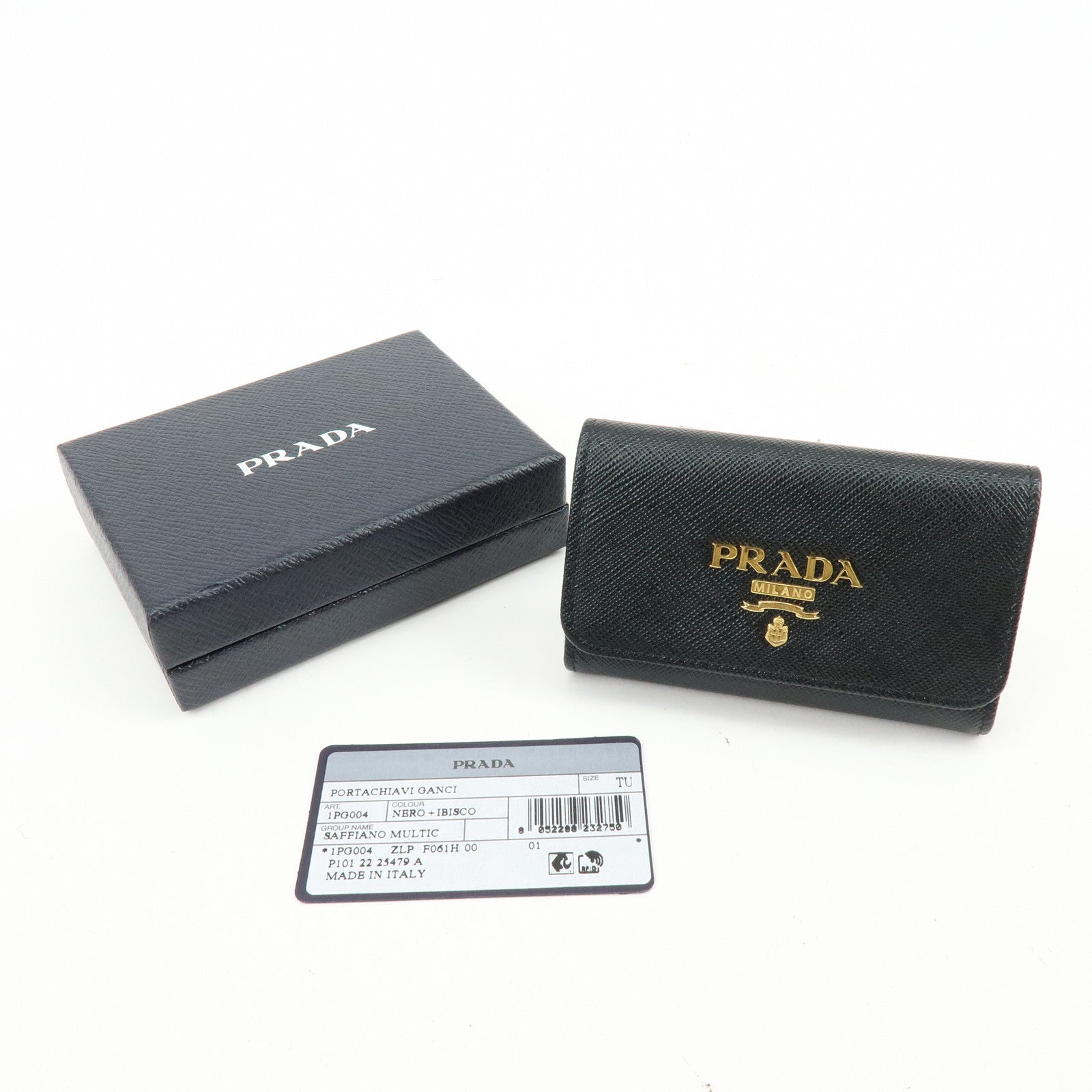 PRADA Logo Saffiano Leather 4 Ring Key Case Key Holder Black 1PG004