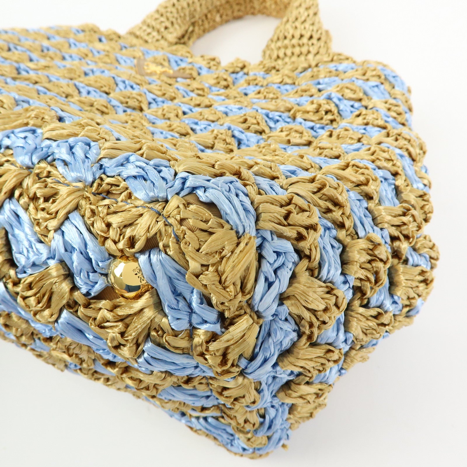 PRADA Triangle Logo Canapa Raffia Tote Bag Hand Bag Beige Blue