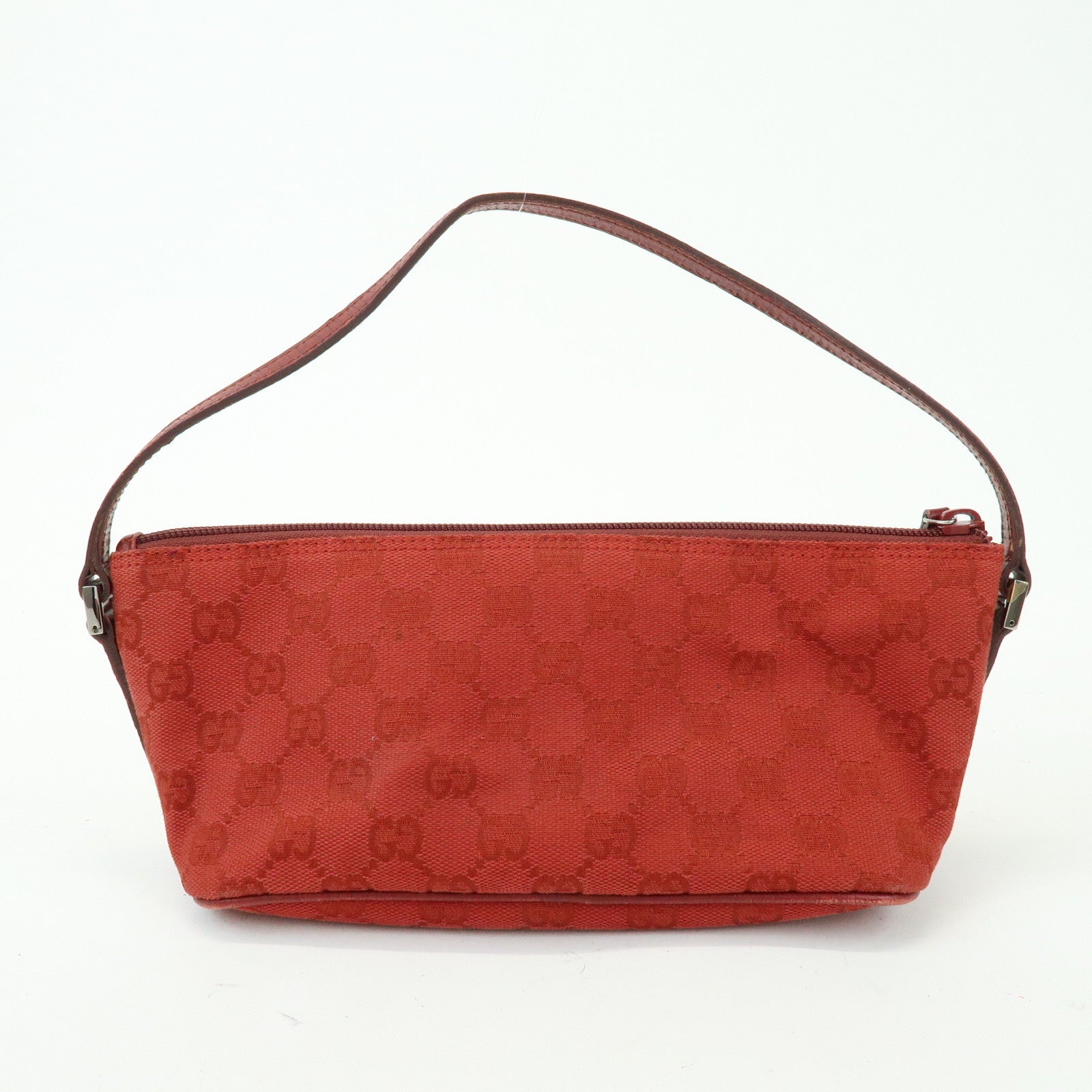GUCCI Boat Bag GG Canvas Leather Accessory Pouch Hand Bag Red 07198