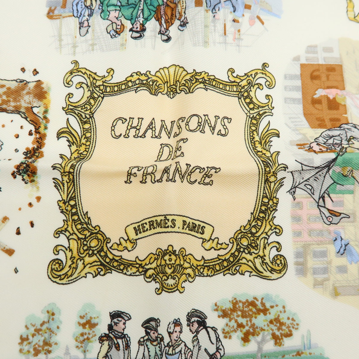 HERMES Carre 45 Silk 100% Scarf CHANSONS DE FRANCE Beige Multicolor
