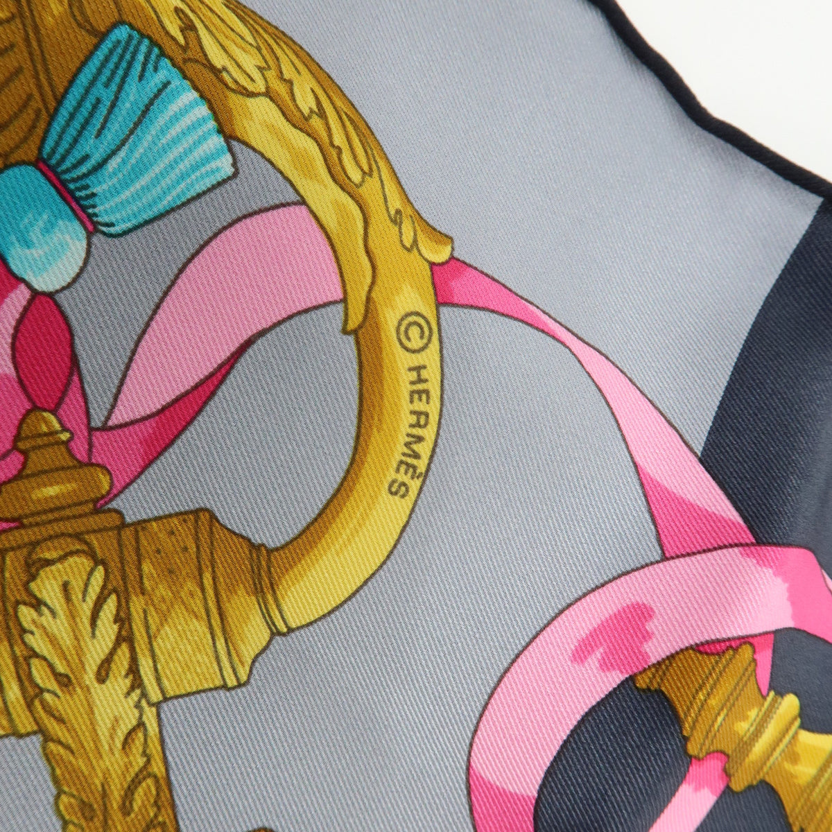 HERMES Carre 70 Silk 100% Scarf FERRONNERIE Gray Gold Pink