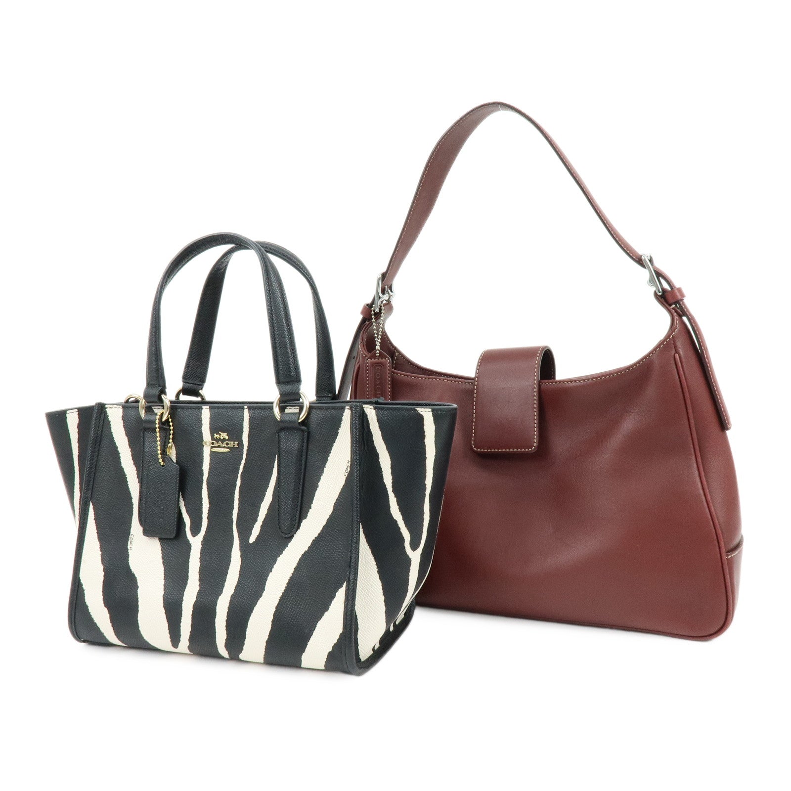 COACH Set of 2 Leather Shoulder Bag 2Way Tote Bag Bordeaux Black White