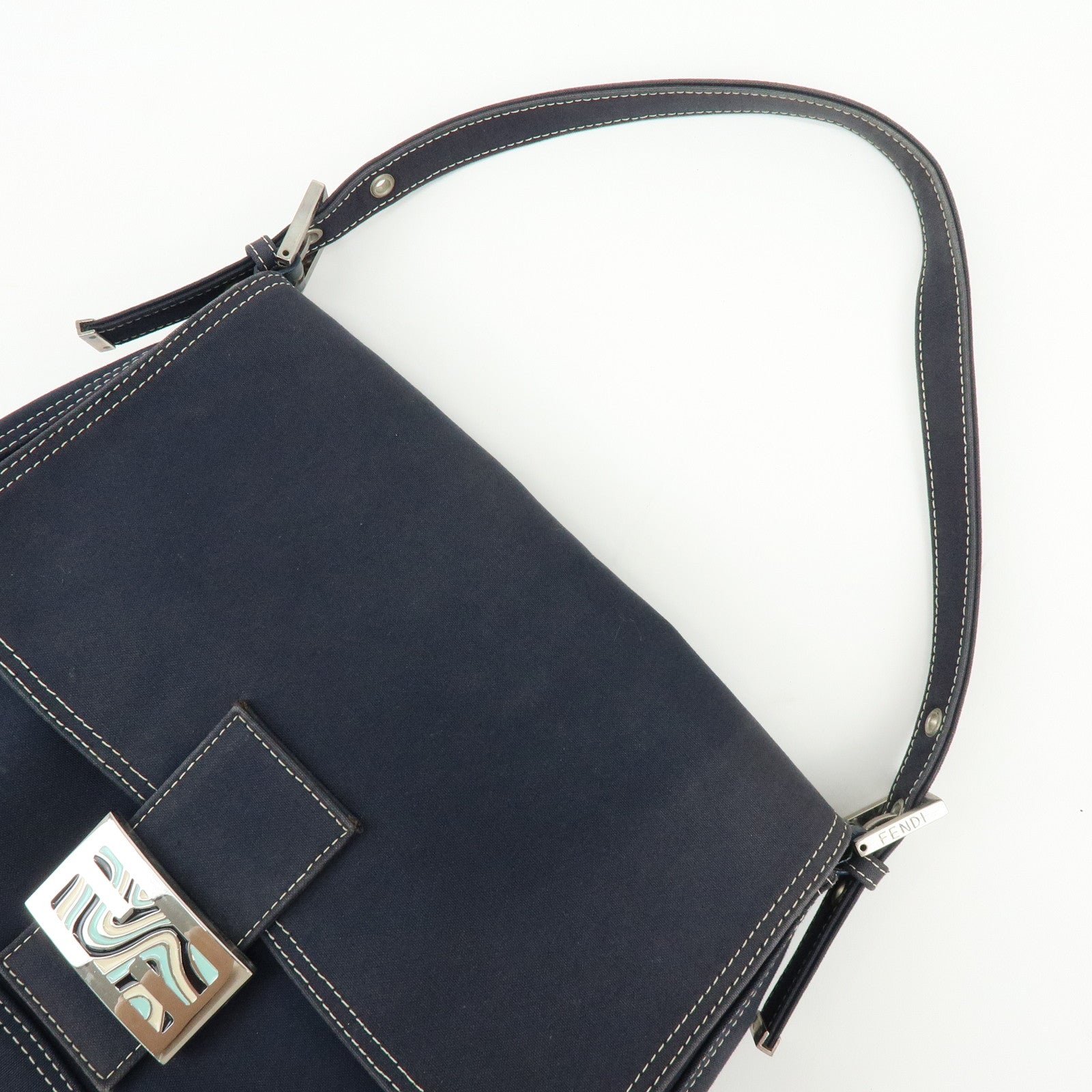 FENDI Mamma Baguette Canvas Shoulder Bag Marble Motif Navy 8BR001