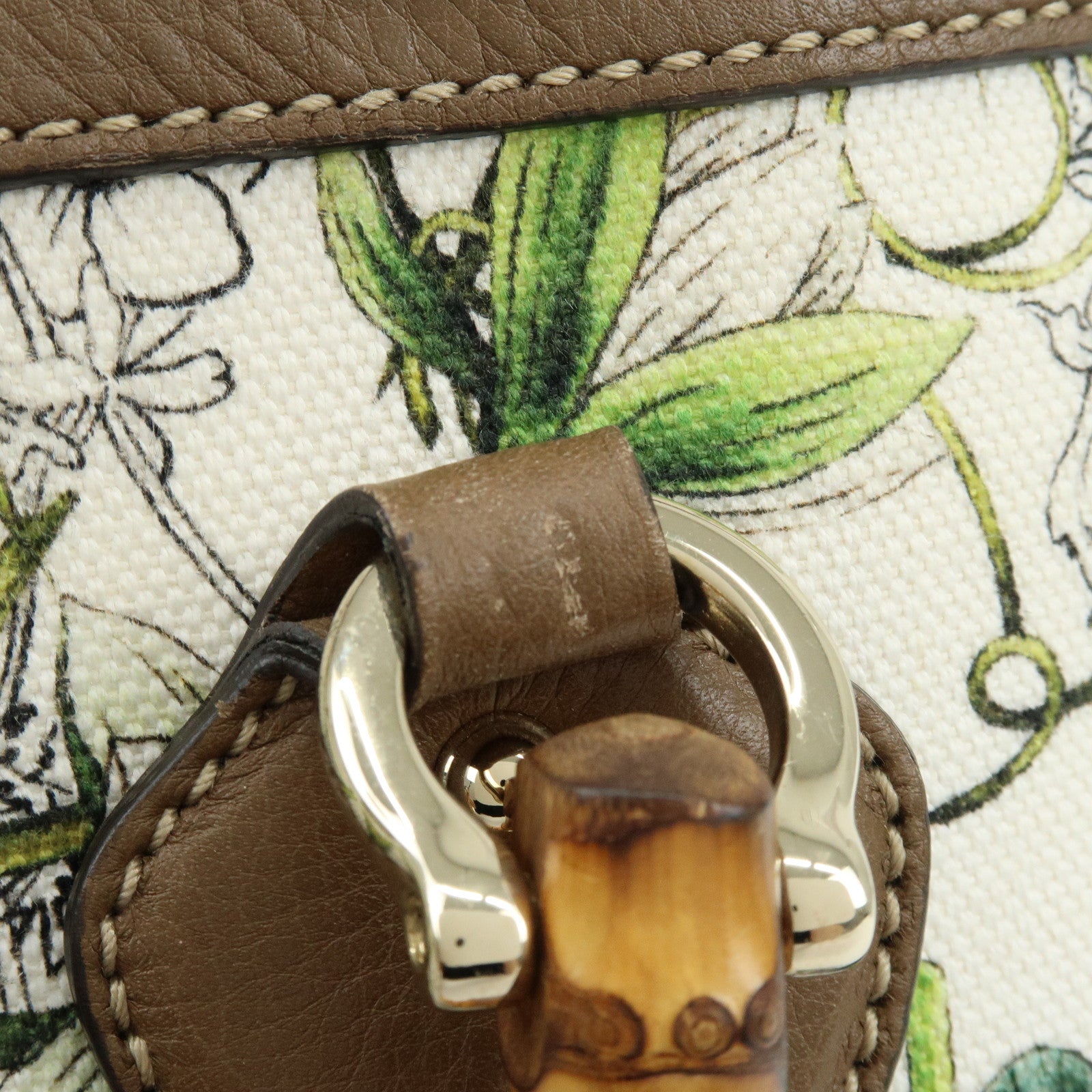 GUCCI Bamboo Canvas Leather 2Way Hand Bag Flower Print Brown 308360