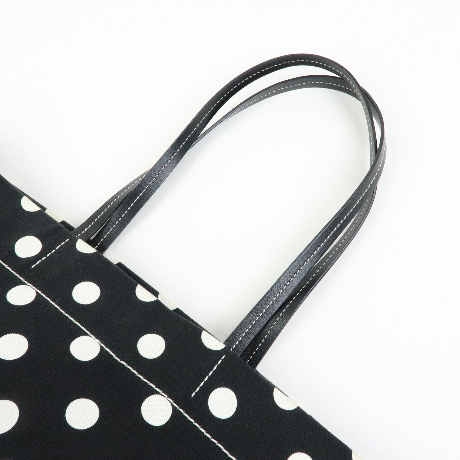 MIU MIU Logo Canvas Leather Polka Dots Tote Shoulder Bag Black 5BG234