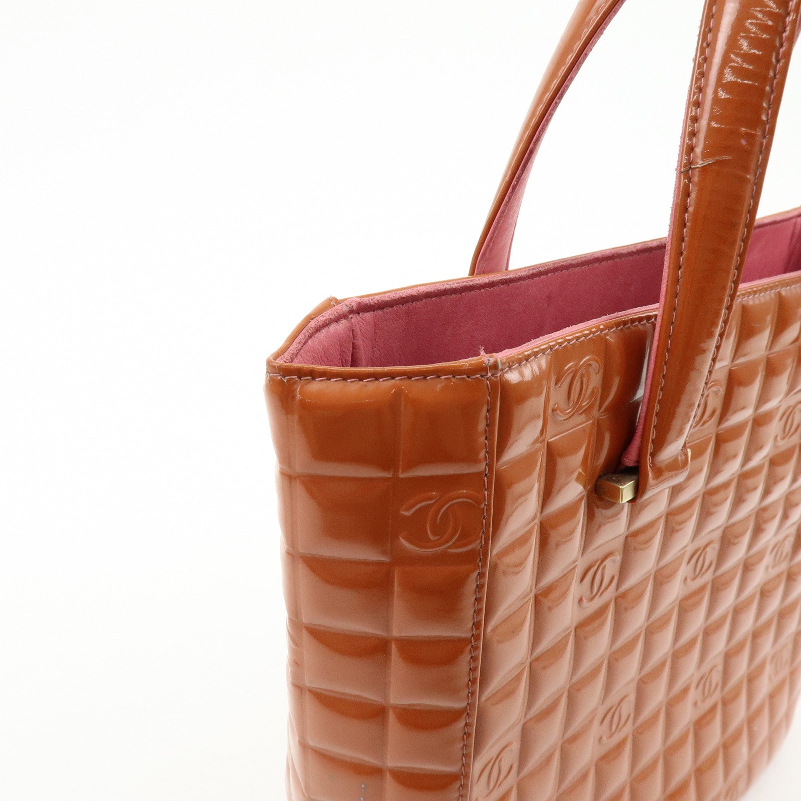 CHANEL Chocolate Bar COCO Mark Patent Leather Hand Bag Tote Bag Orange