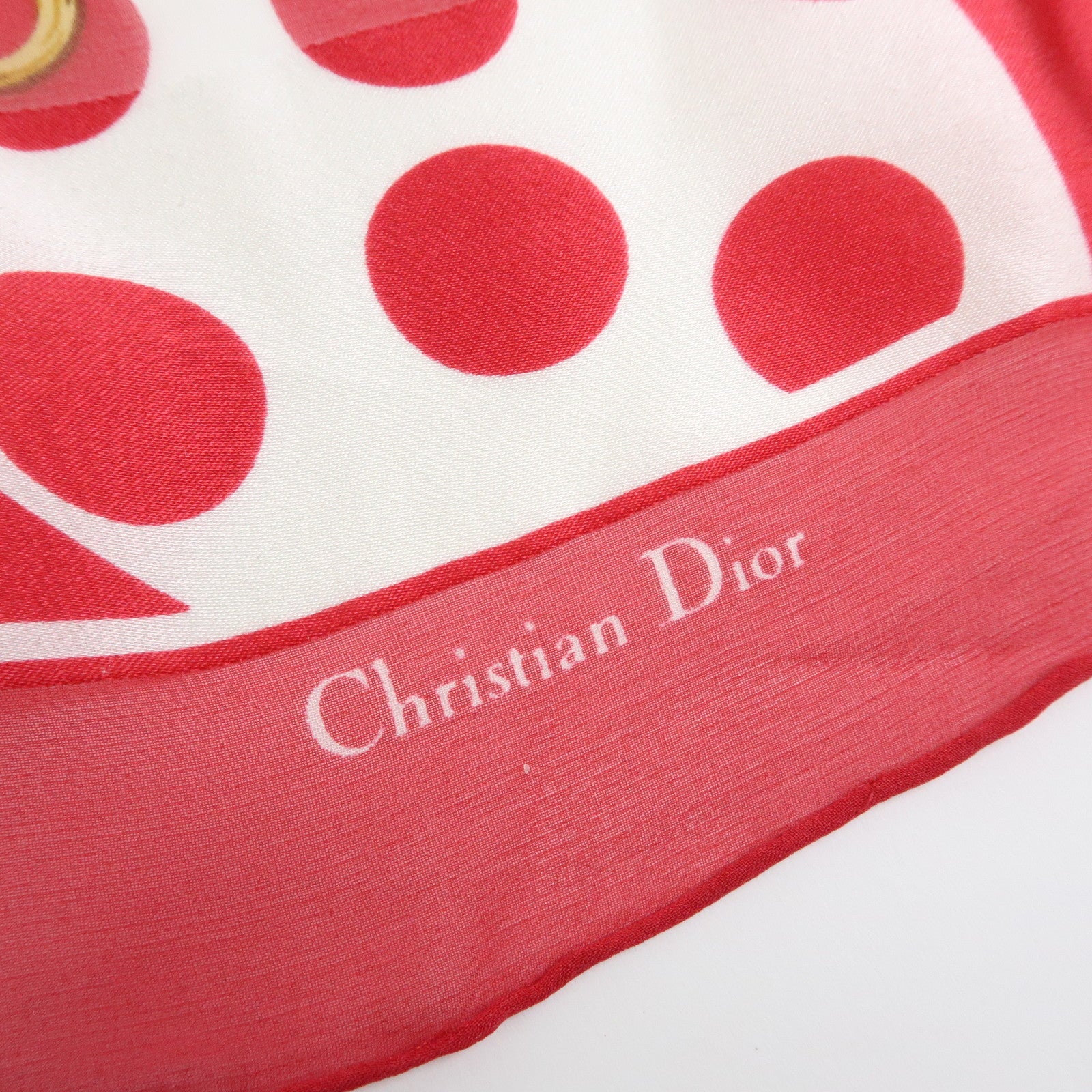 Christian Dior Silk 100% Scarf Chain Motif Dots Red White Gold