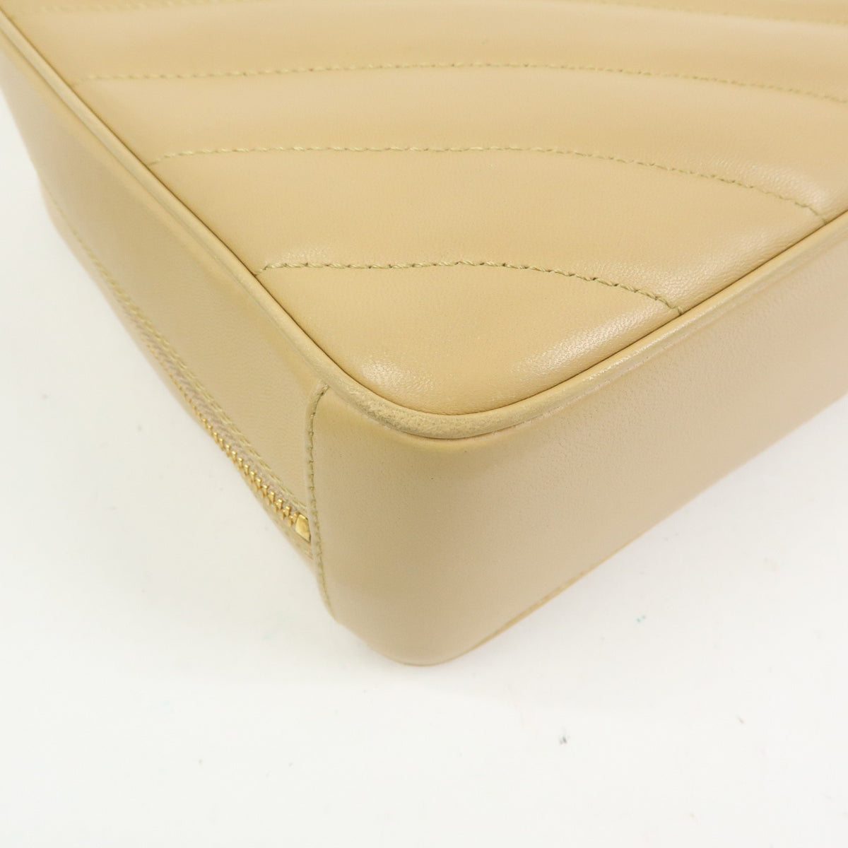 CHANEL Chevron COCO Mark Lamb Skin Chain Shoulder Bag Beige