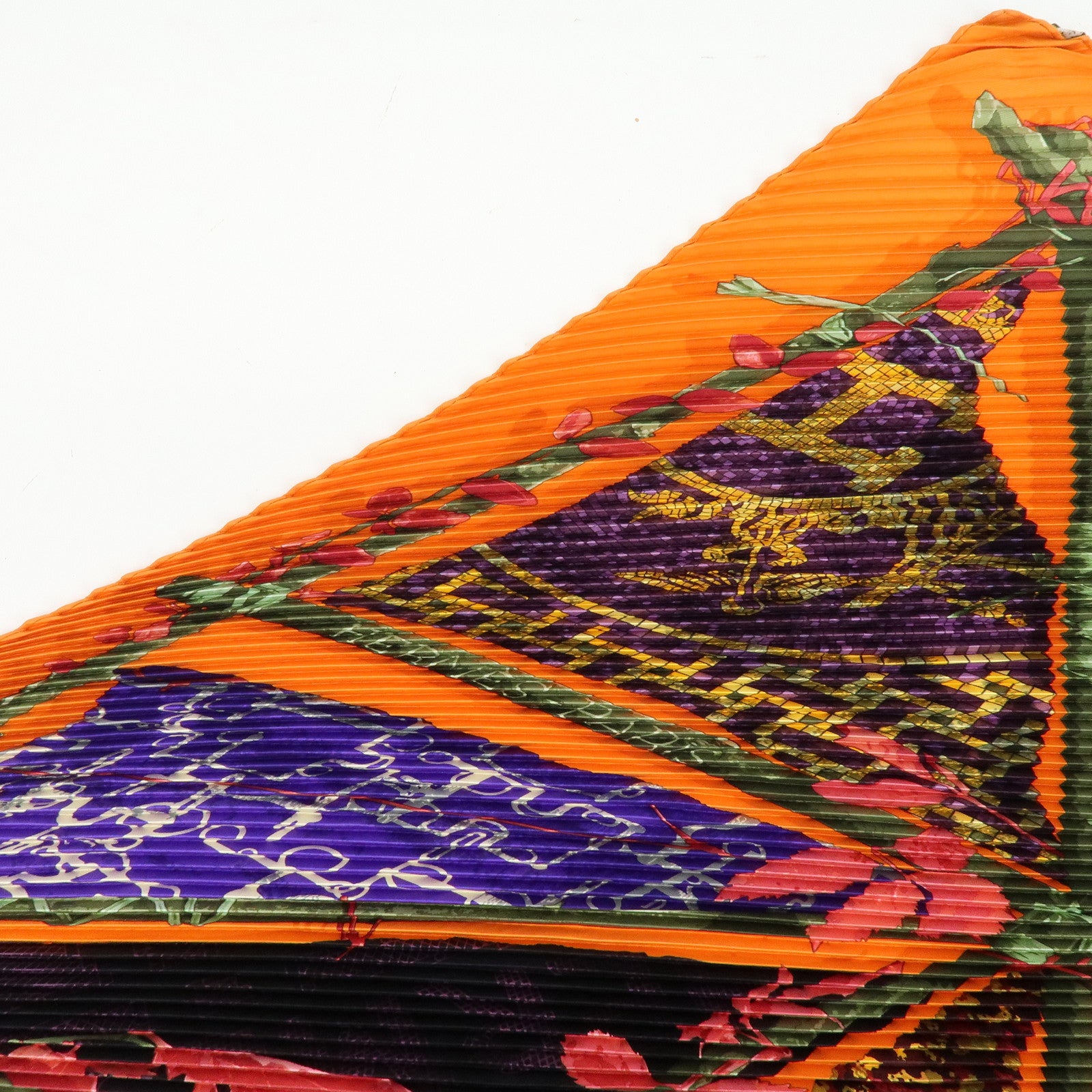 HERMES Pleated Carre 90 Silk 100% Scarf LE ROBINSON CHIC Orange Purple