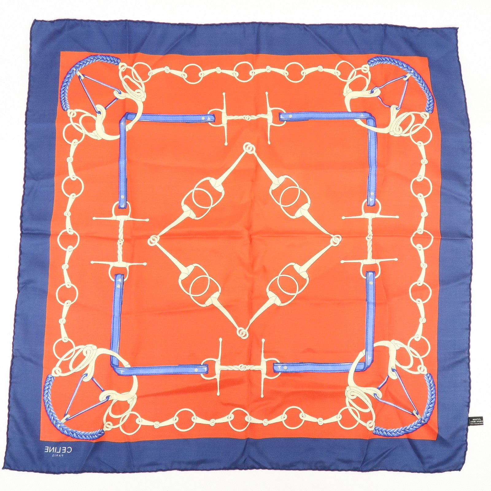 CELINE Set of 2 Silk 100% Scarf Stole Navy Red Gold