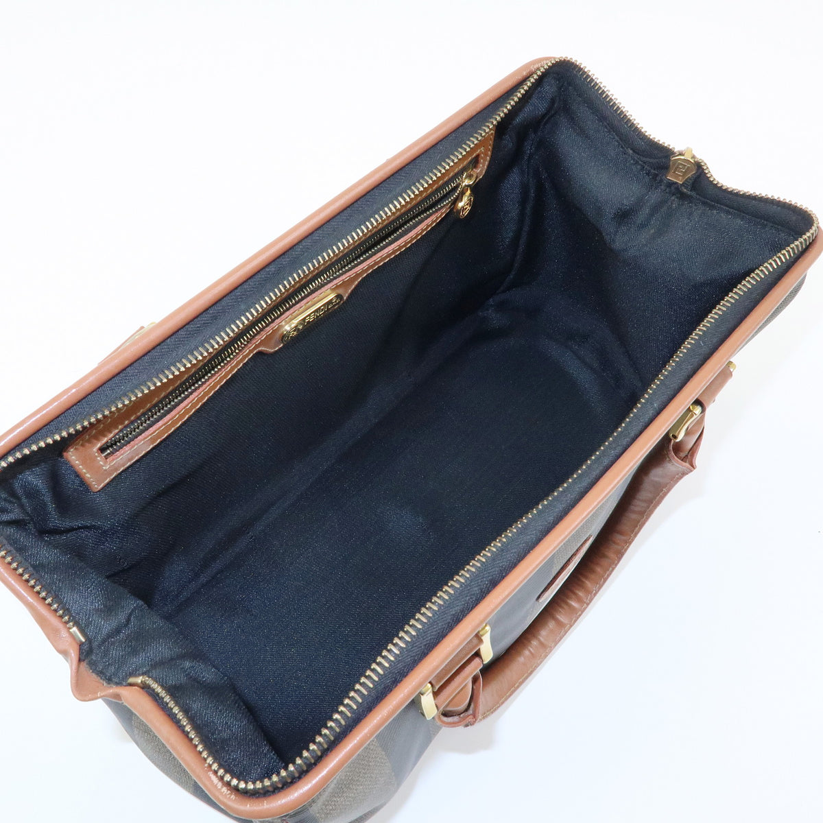 FENDI Pequin PVC Leather Boston Bag Hand Bag Brown Beige Black