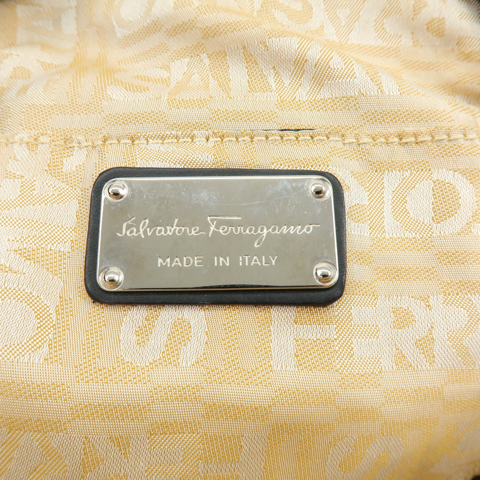 Ferragamo Nylon Quilting Leather Hand Bag Animalier Black Multicolor