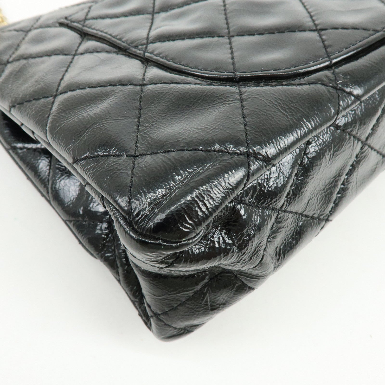 CHANEL 2.55 Patent Leather Chain Shoulder Bag Turn Lock Black