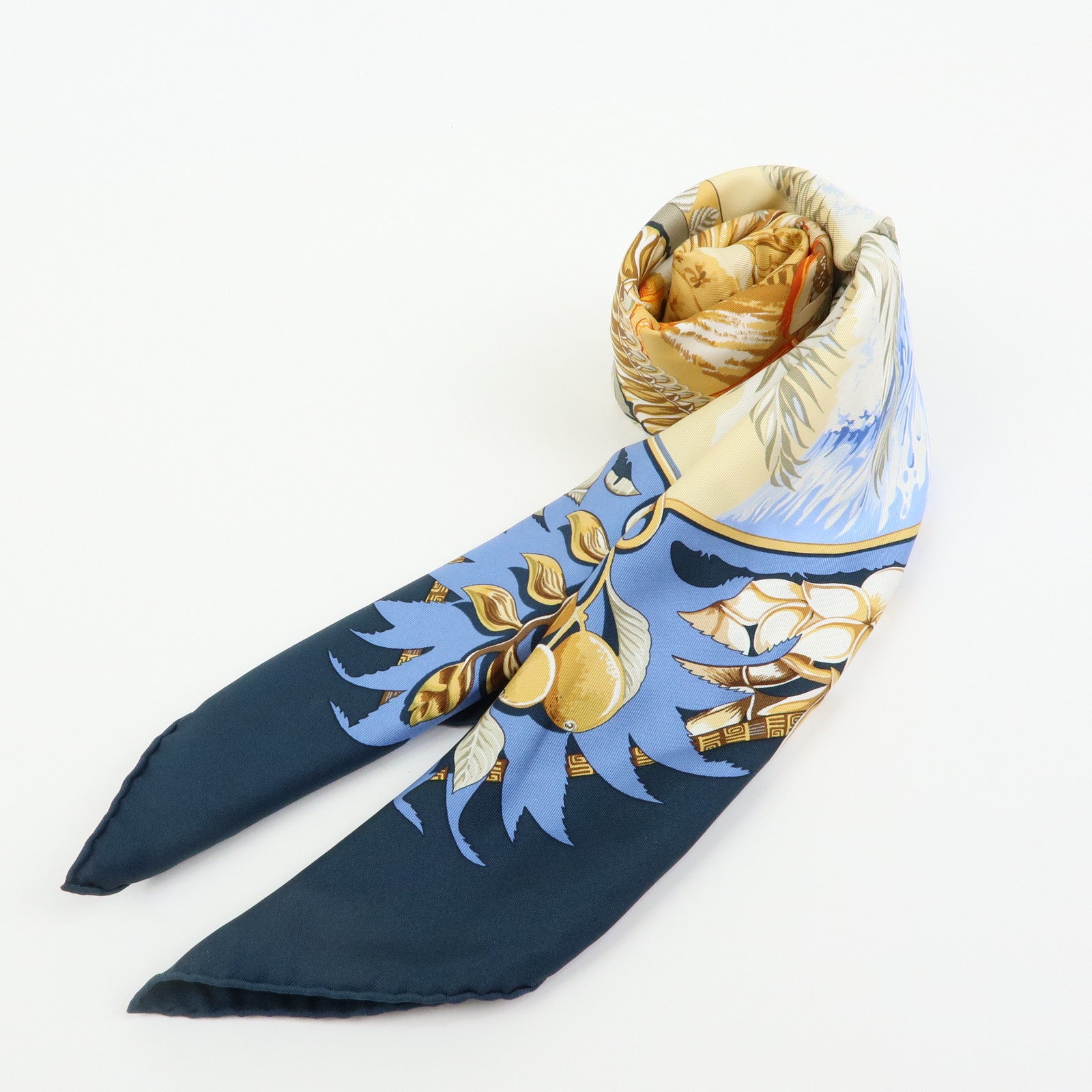 HERMES Carre 90 Silk 100% Scarf ALOHA Navy Light Brown