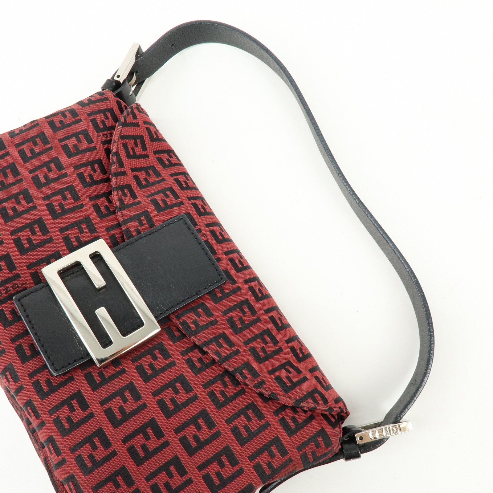 FENDI Mamma Baguette Zucchino Canvas Leather Shoulder Bag Red 8BR003