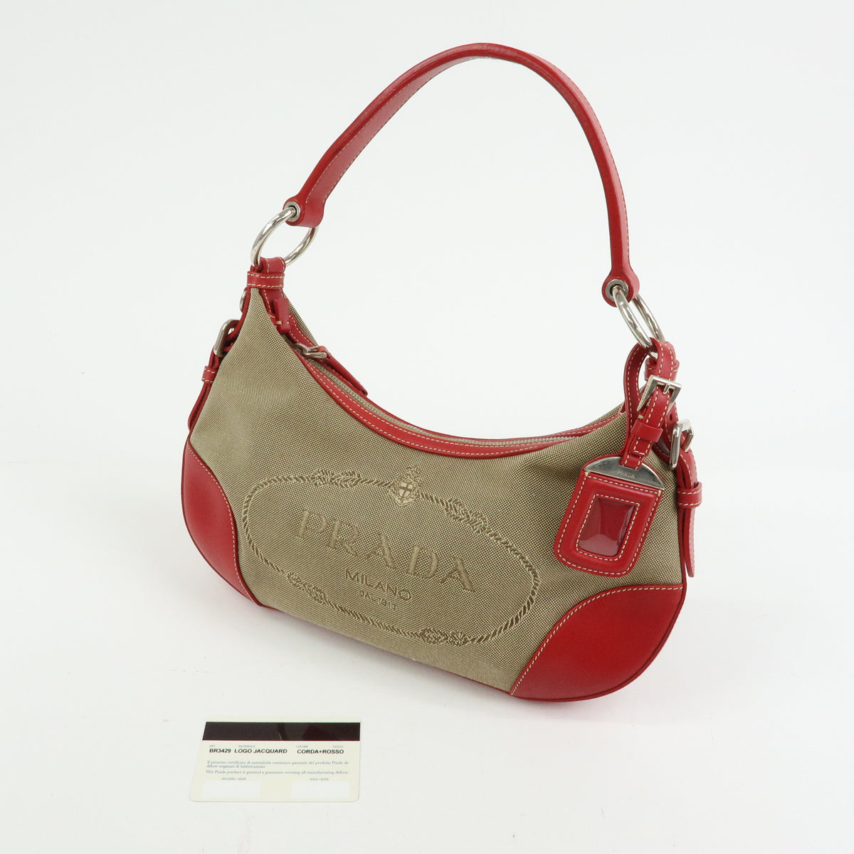 PRADA Logo Jacquard Leather Shoulder Bag Hand Bag Beige Red BR3429