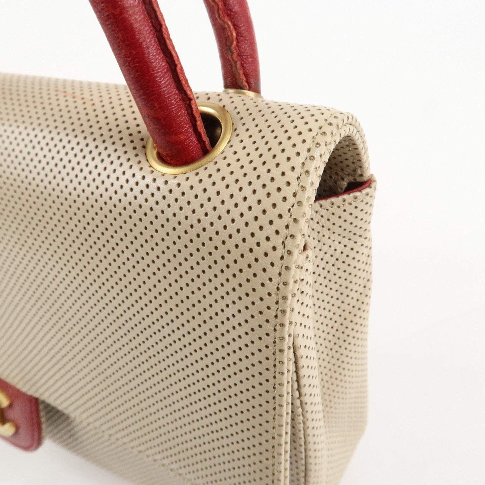 CHANEL COCO Mark Punching Leather Shoulder Bag Hand Bag Beige Red Used