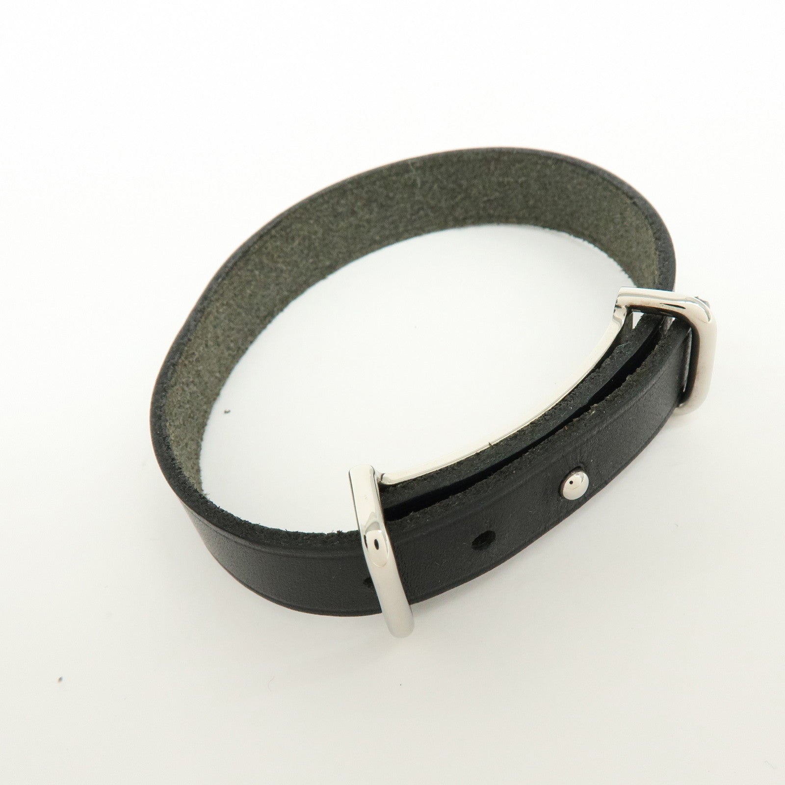 HERMES Api 2 Leather Bracelet Bangle Black □C Stamped Black Silver